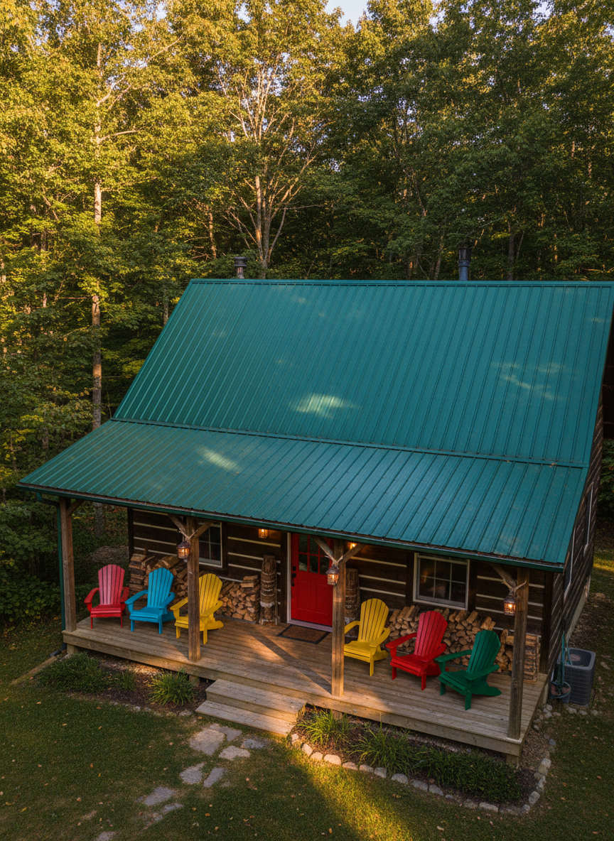 A warm, rustic lodge exterior with deep-stained wooden siding and a bold, hunter-green metal roof, nestled at the forest’s edge. Neatly stacked firewood and antler-shaped lanterns flank a cheerful red front door. Soft golden hour sunlight casts long, playful shadows across a sweeping porch decked with colorful Adirondack chairs. The mood is joyful and welcoming, emphasizing relaxation and connection. Shot from a slightly elevated angle with a wide lens, the composition balances the lodge against lush, rounded trees. Rich photographic detail and bright, saturated colors reflect a whimsical, inviting energy.