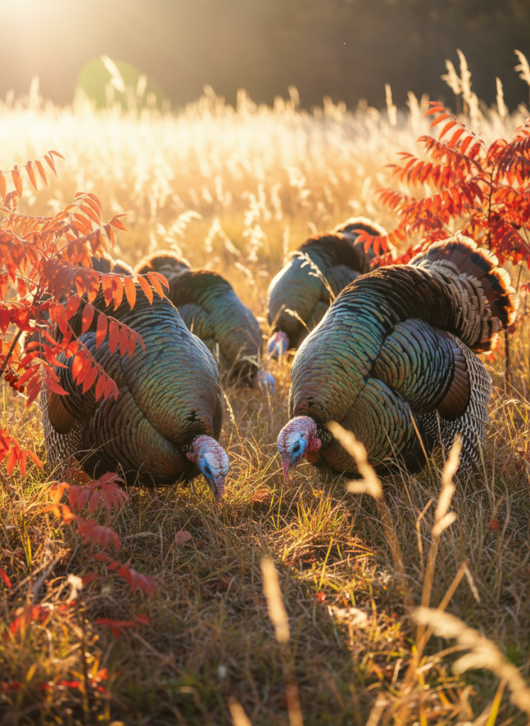 A detailed close-up of a flock of whimsical wild turkeys with iridescent feathers, bold blue and bronze patterns, and rounded, gently exaggerated forms. The birds forage playfully amidst tall golden grasses and vibrant red sumac, their textures and colors richly detailed and joyful. Warm afternoon sunlight shots create bright, energetic highlights and engaging shadows, lending a lively, almost magical atmosphere. Shot from an eye-level perspective with a shallow depth of field, the photographic style pops with color and detail, playfully emphasizing the spirit of wildlife that makes The Ridge Farm special.