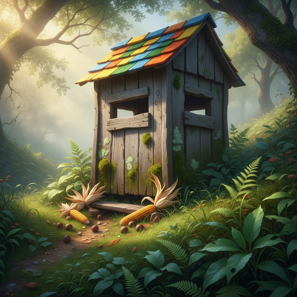 A whimsical deer blind built from weathered wood and topped with a cheerful, brightly painted shingled roof, perched atop a gentle rise surrounded by emerald-green foliage. Moss and lichen add texture to the structure, while corn cobs and acorns are scattered playfully at its base. Diffused early morning sunlight filters through mist, lending a magical, playful quality with soft glows and rounded shadows across the landscape. Captured from a slightly low angle, framed by arching branches, the photographic style employs vibrant colors, energetic lines, and rounded, easygoing forms to capture the fun charm of the hunting experience.