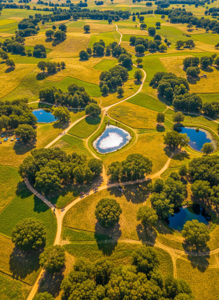 A vibrant patchwork of green and gold fields dotted with stands of mature pine and oak trees, their rounded forms casting whimsical shadows on the ground. The camera surveys the land from a high aerial perspective, capturing winding dirt roads and sparkling blue ponds nestled amidst the landscape. Bright midday sunlight creates energetic, shifting highlights and enhances the kaleidoscope of colors. The atmosphere is playful and inviting, radiating a sense of adventure and community. Photographic realism with colorful saturation and lively composition amplifies the site's spirit of tradition, togetherness, and outdoor fun.