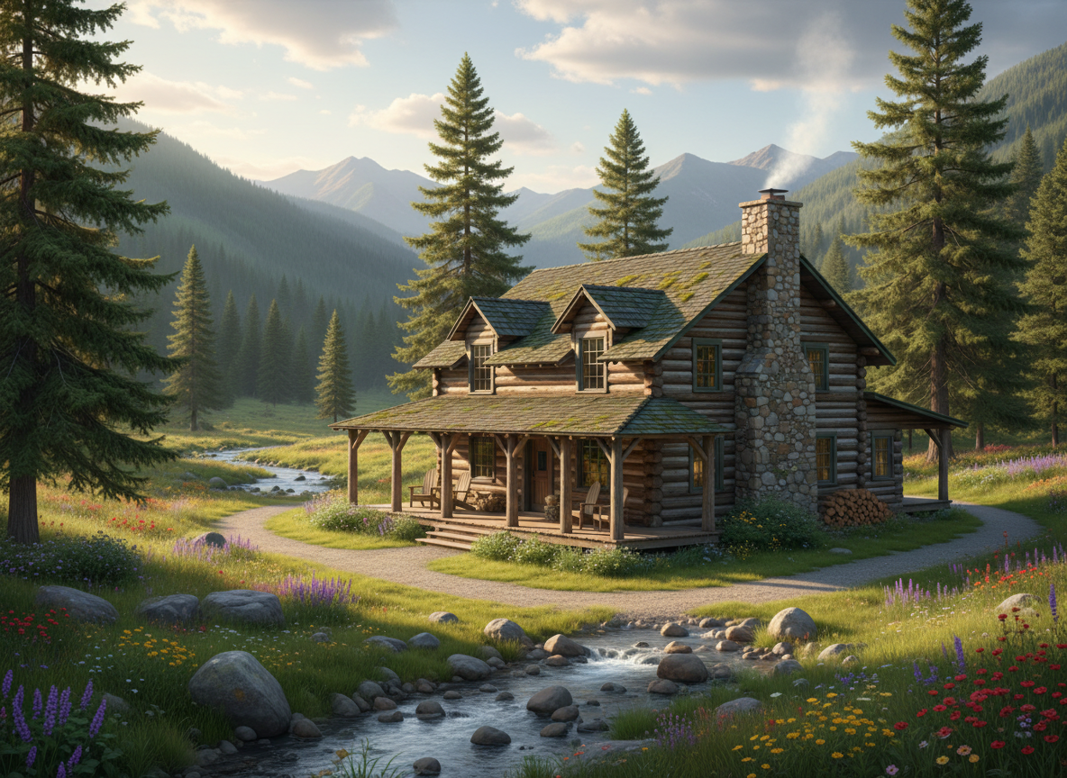 A scenic, wide-angle shot of the camphouse from further away, showing the entire building and surrounding landscape, with natural daylight and a welcoming, rustic atmosphere.