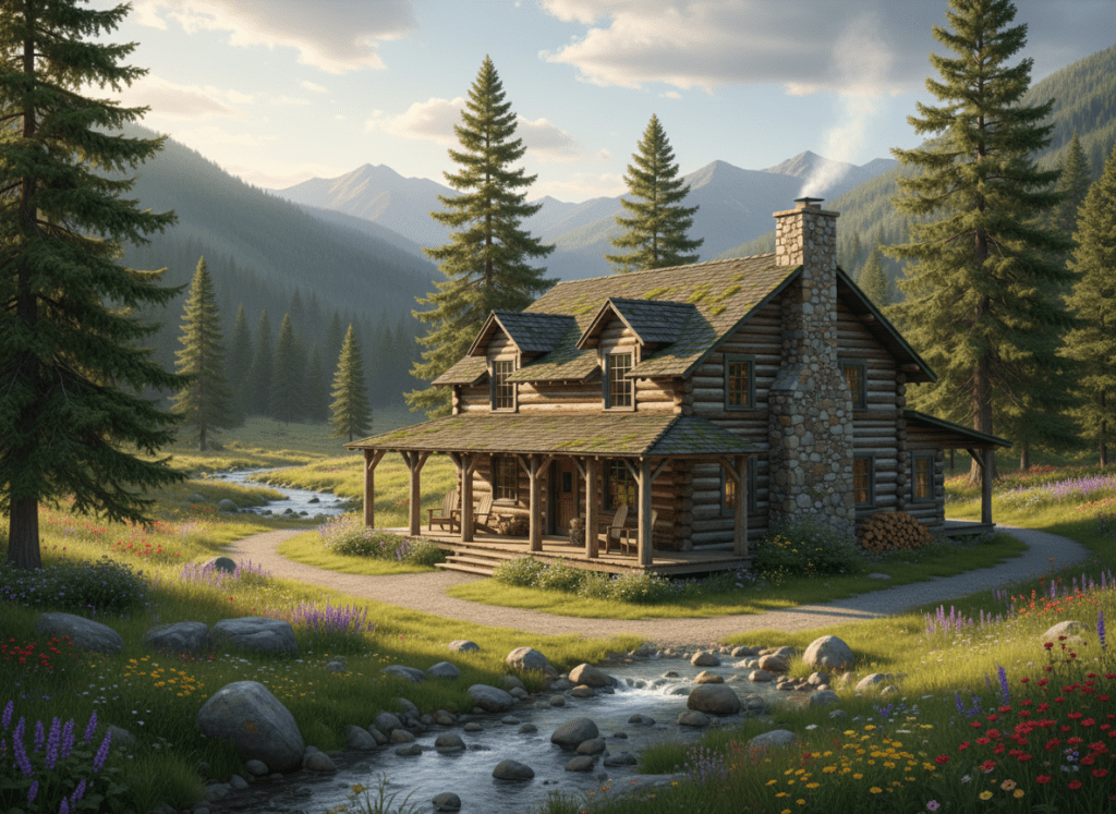 A scenic, wide-angle shot of the camphouse from further away, showing the entire building and surrounding landscape, with natural daylight and a welcoming, rustic atmosphere.