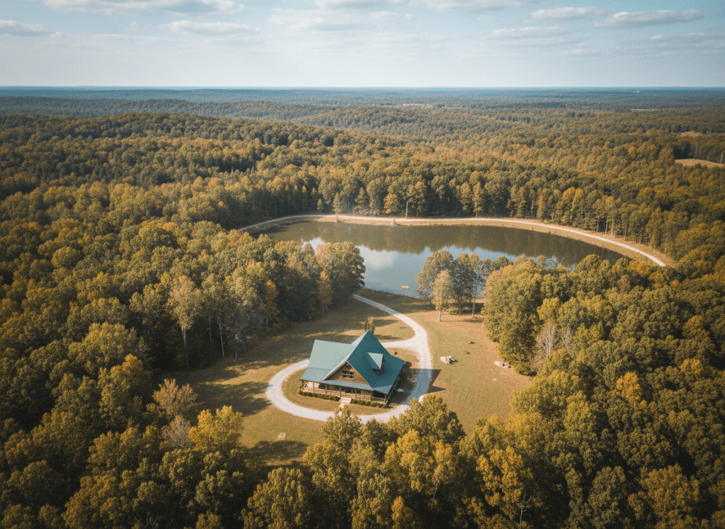 Aerial drone view of the camphouse at The Ridge Farm, taken from above and at some distance, suitable as a background image behind text for good readability